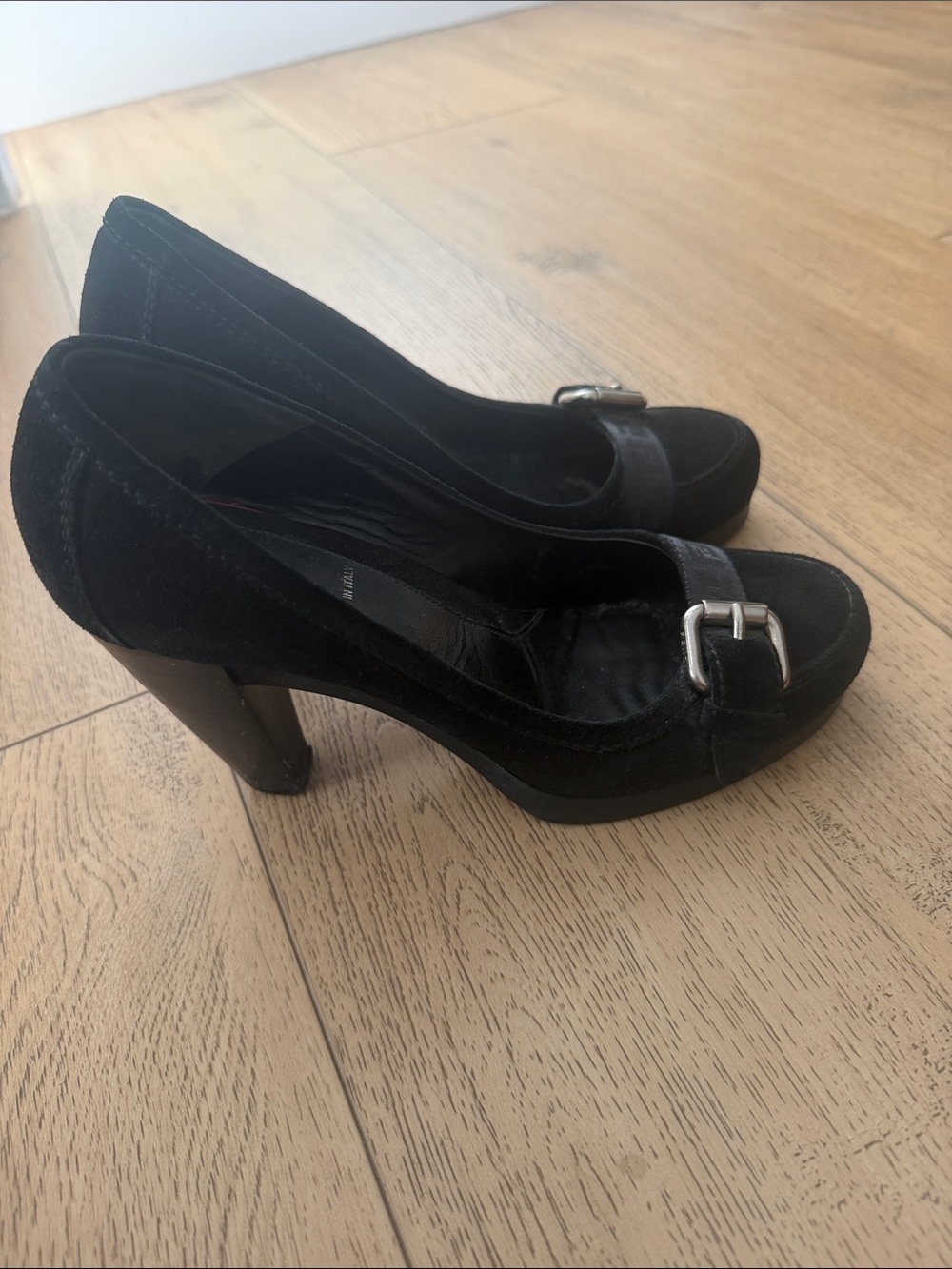Fendi Black Suede Buckle Peep-Toe Heels